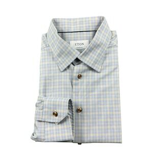 ETON Contemporary Shirt Mens 17.5 Blue Yellow Check Cotton Tencel Stretch L/S